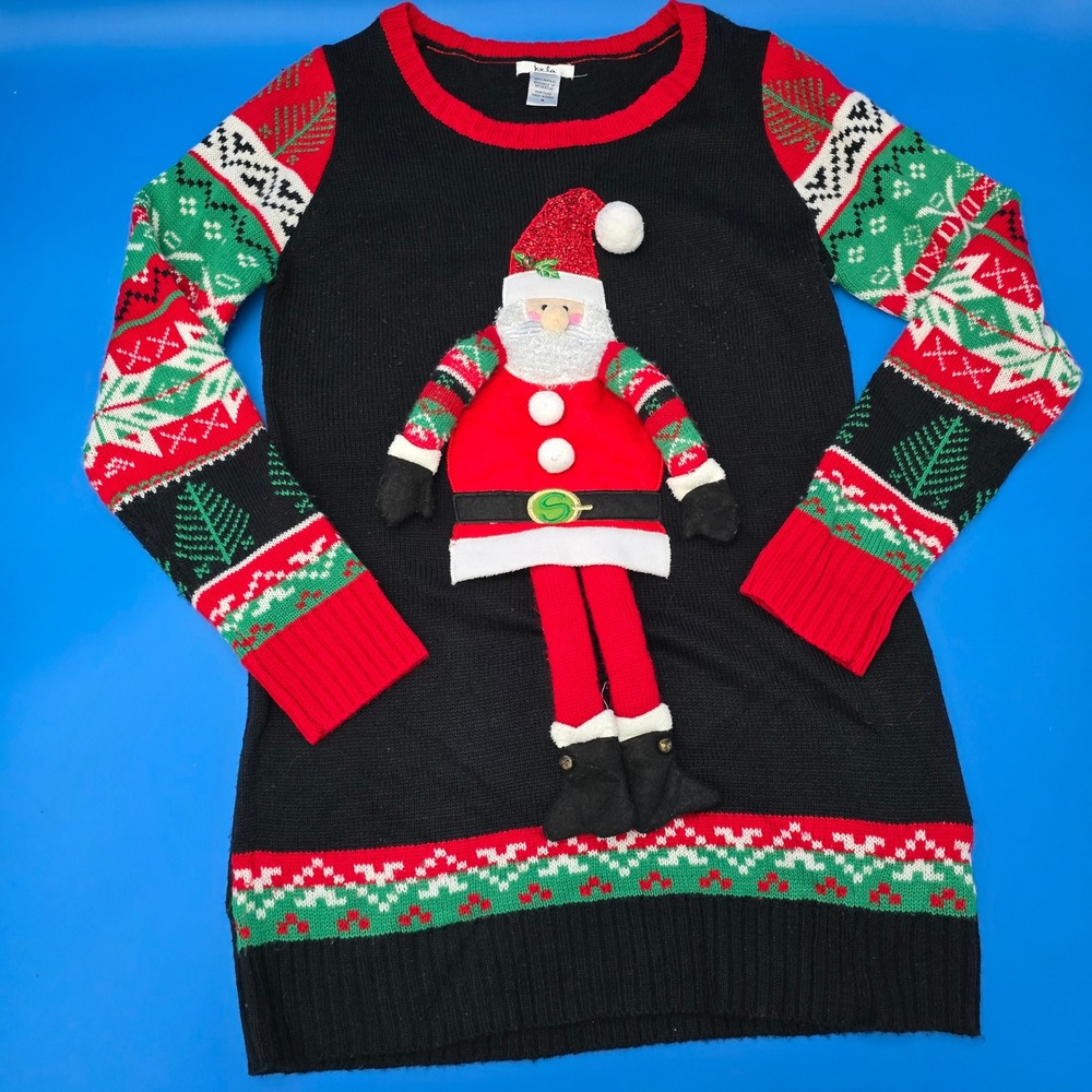 KELA Ugly Christmas Sweater Dress Women's M‎ 3D Santa Doll Fair Isle Black Tunic